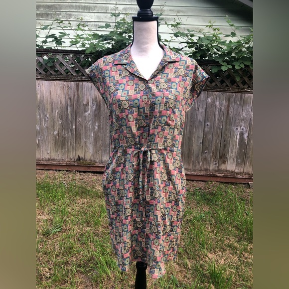 NWT Steven Alan Silk Cotton Blend Short Sleeve Earth Tones Abstract Midi Dress - Picture 1 of 15